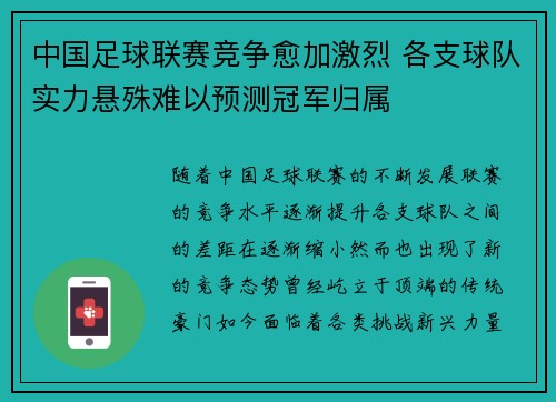 中国足球联赛竞争愈加激烈 各支球队实力悬殊难以预测冠军归属