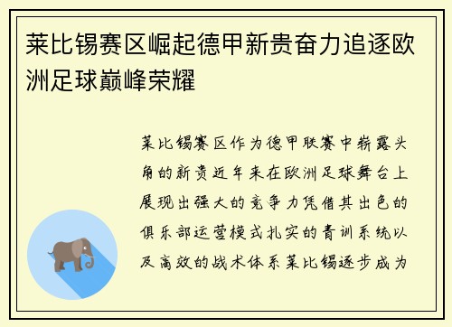 莱比锡赛区崛起德甲新贵奋力追逐欧洲足球巅峰荣耀