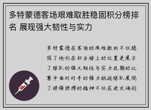 多特蒙德客场艰难取胜稳固积分榜排名 展现强大韧性与实力
