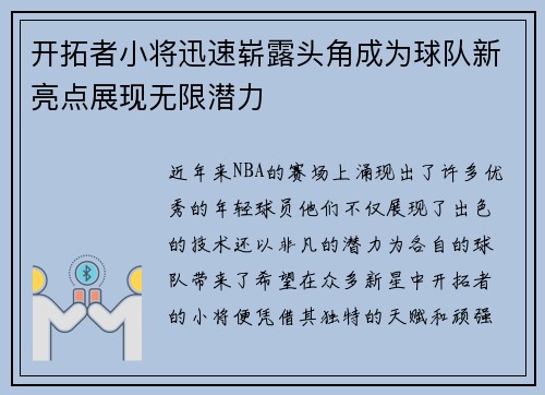 开拓者小将迅速崭露头角成为球队新亮点展现无限潜力